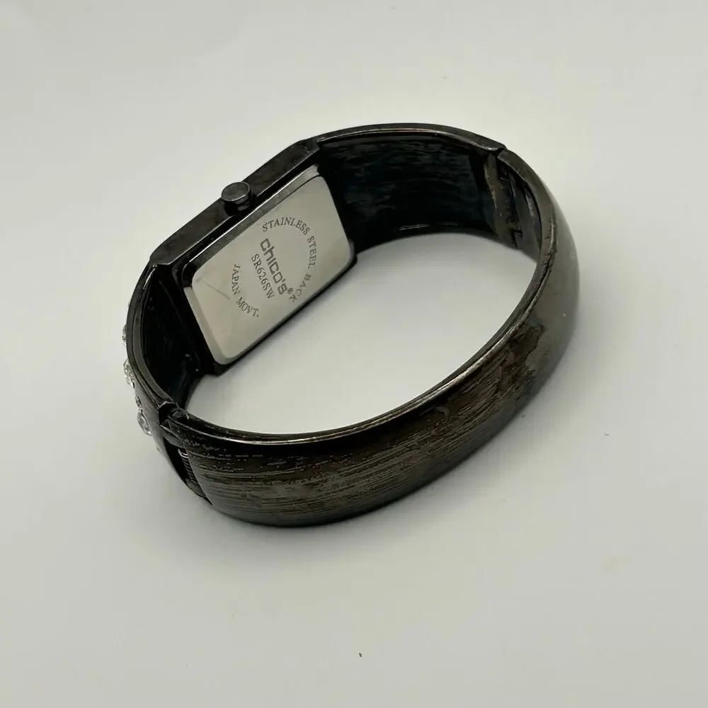 Chico's Ver Metallic Gray Rhinestones Studded Band Womens Cuff Watch New Battery
